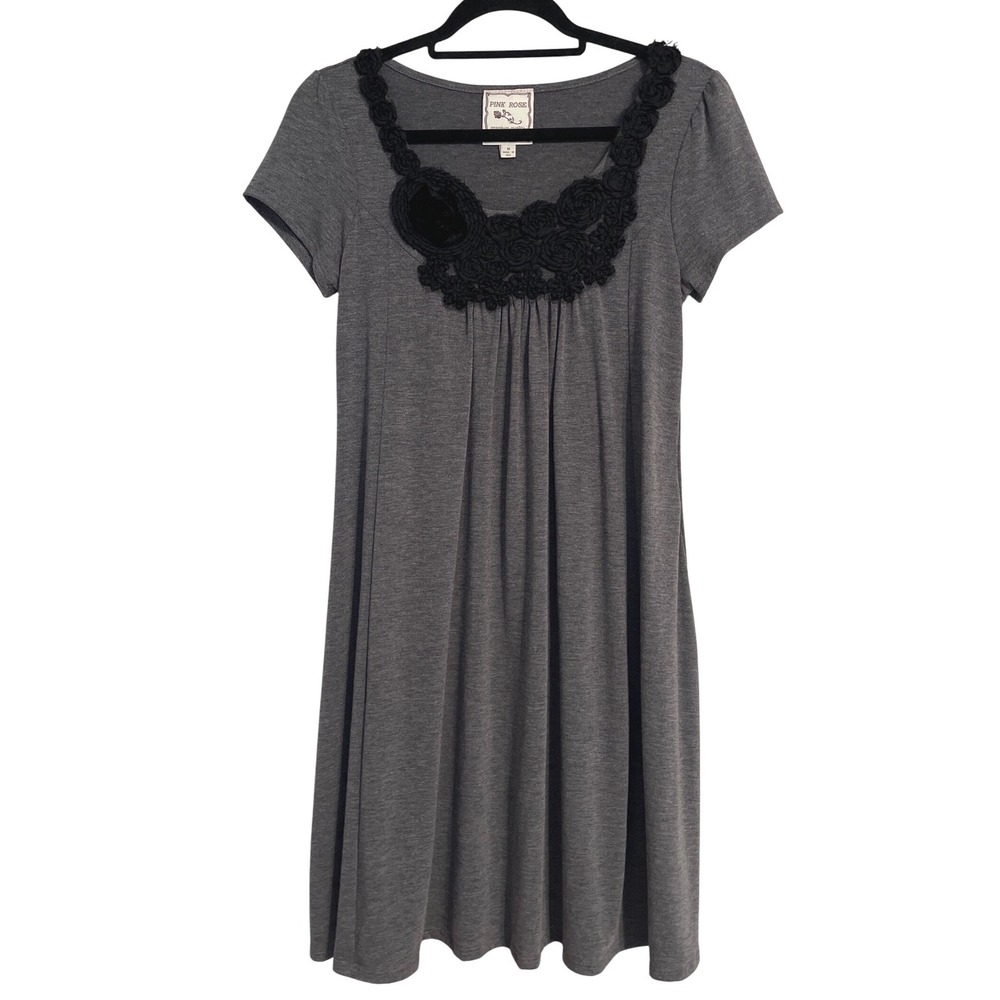 Y2K Vintage Gray‎ Babydoll Dress Top Grunge Short Sleeve Knit Rosette Medium